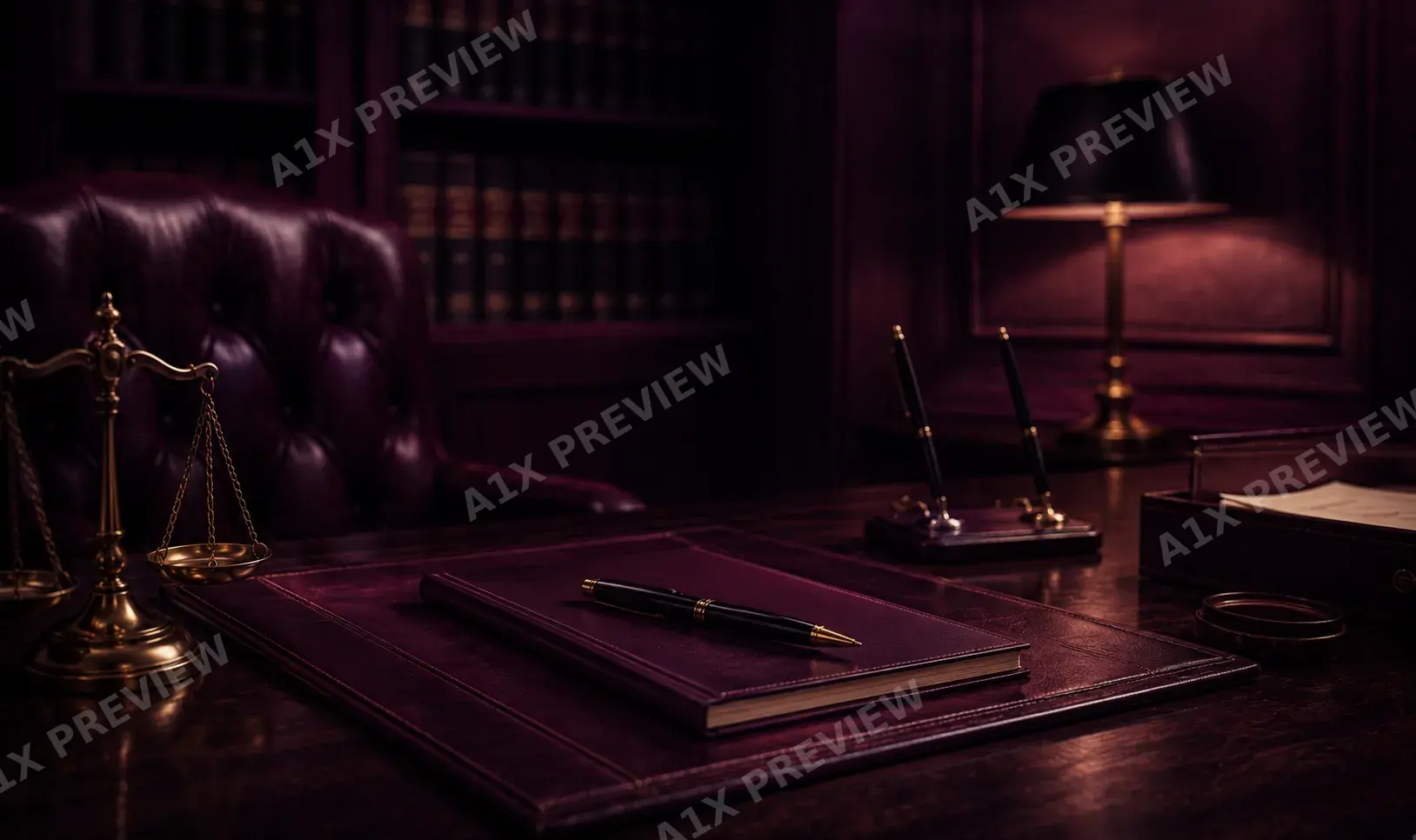 Lawyer's desk with scales of justice, leather portfolio, and pen