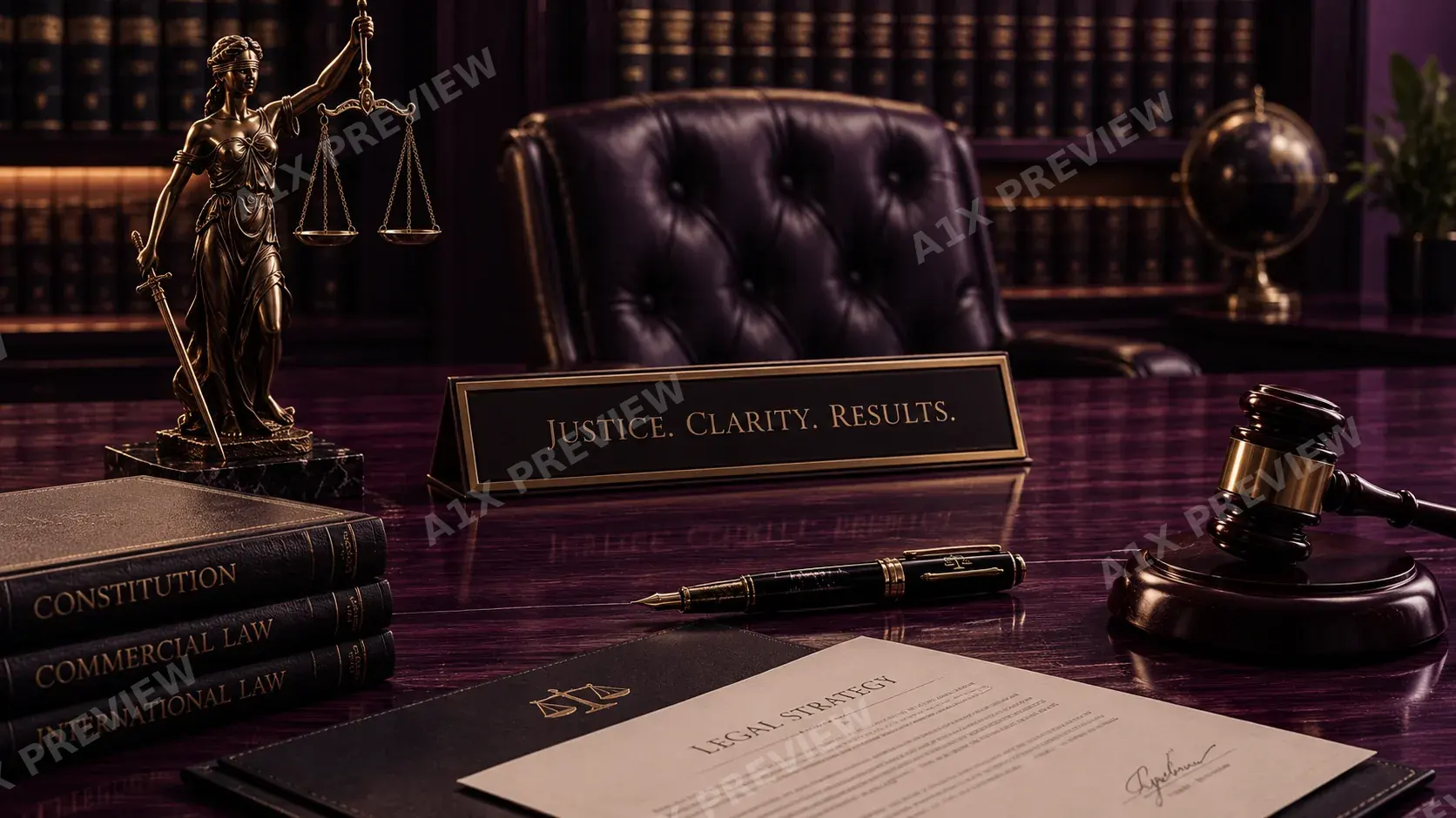 Justice statue and legal strategy documents on the firm's desk