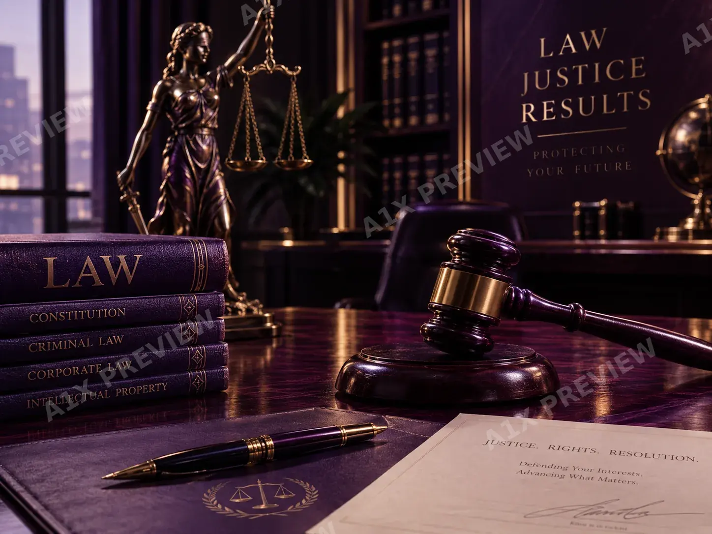 Justice statue, gavel, and legal documents on the firm's desk